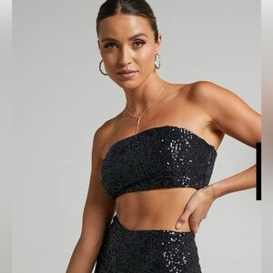 Showpo Bandeau Top in Black Sequin. Size 10
